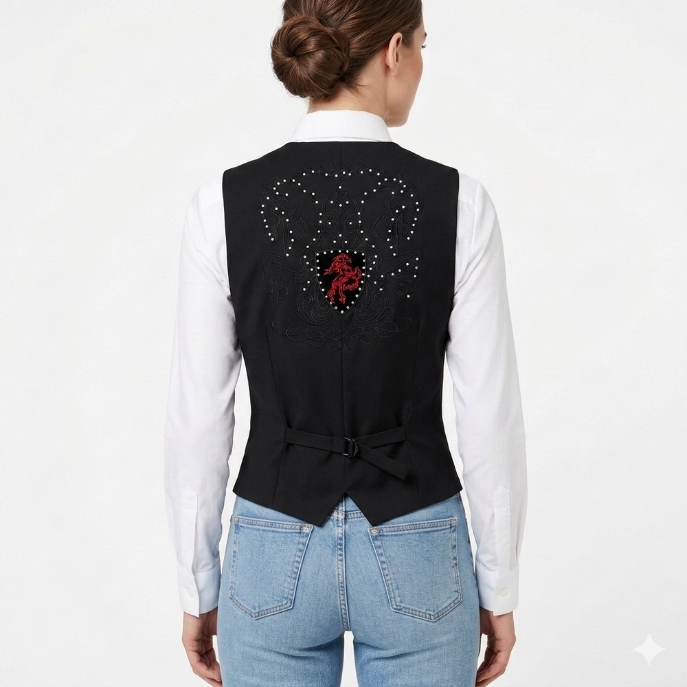 Pannocito Western Embroidered Vest Velvet Crest Rhinestone Black Size M